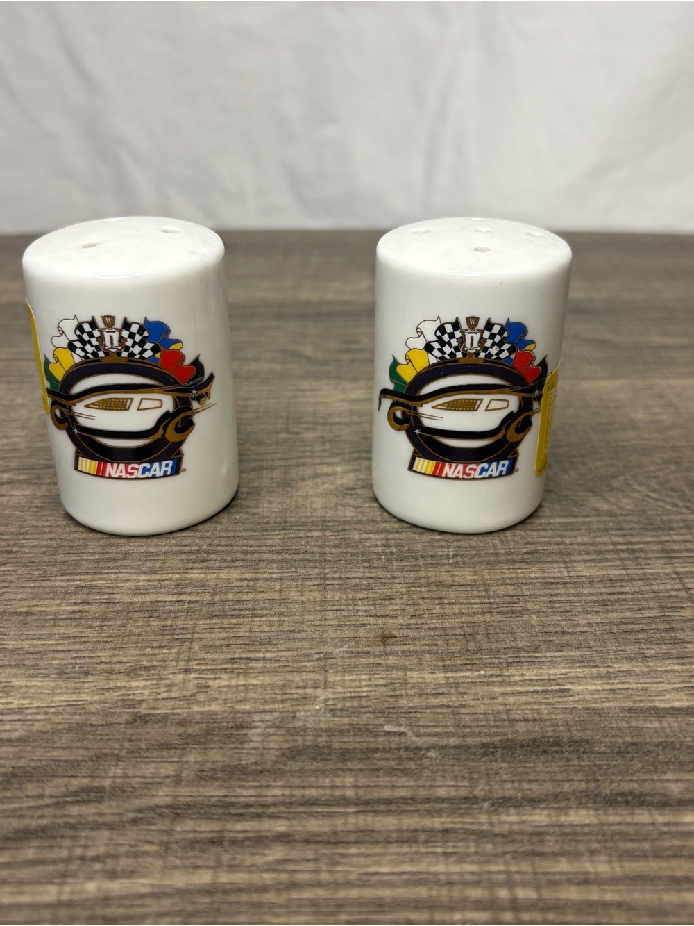 Nascar White Ceramic Salt and Pepper Shaker Set with Multicolor Racing Logo
